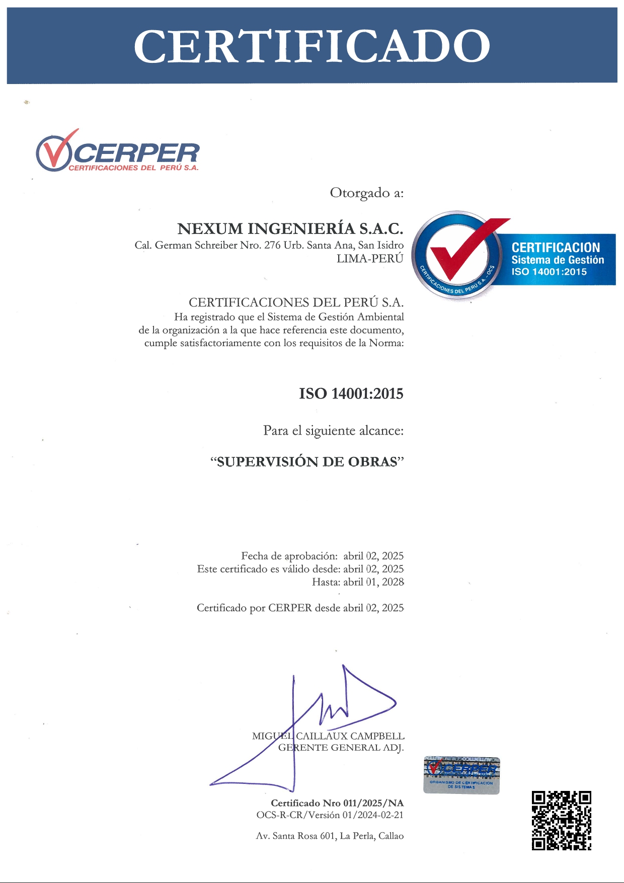 Certificado ISO 14001 — Supervisión de Obra
