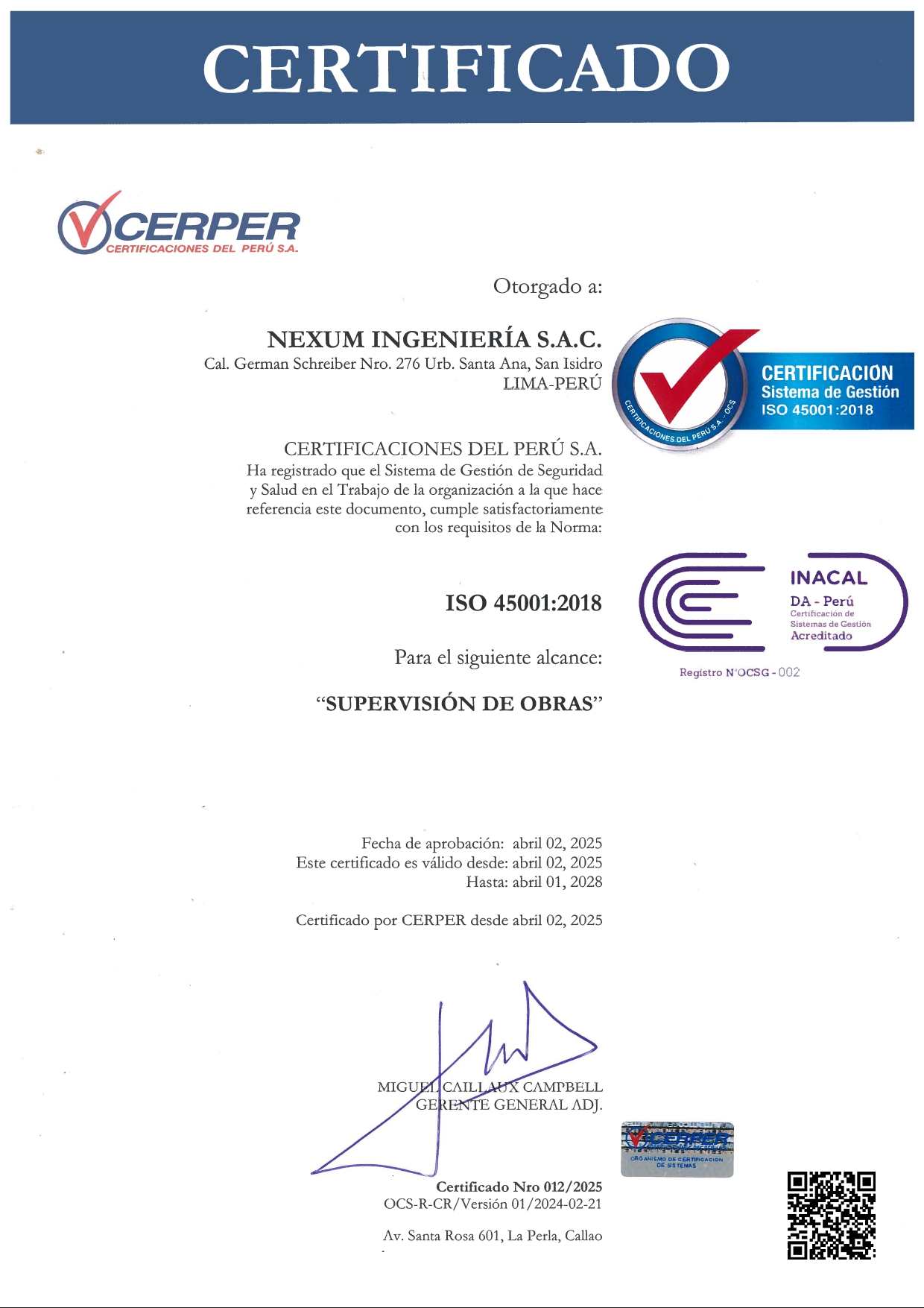Certificado ISO 45001 — Supervisión de Obra